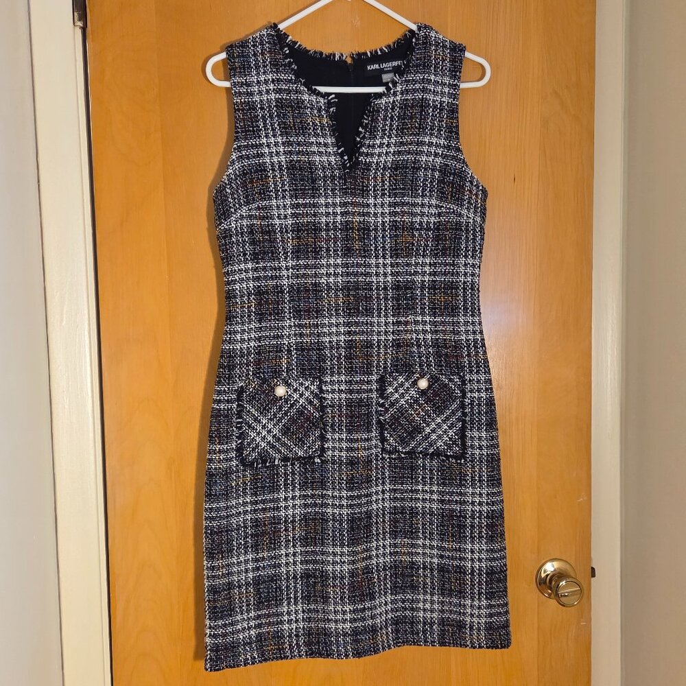Karl Lagerfeld Paris Sleeveless Tweed Sheath Dress Jumper Size 6 Black Plaid